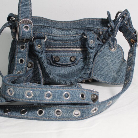 Balenciaga  Bag Girly Allover Denim Shoulder Bag Crossbody Top Handle Rivets - Picture 6 of 14